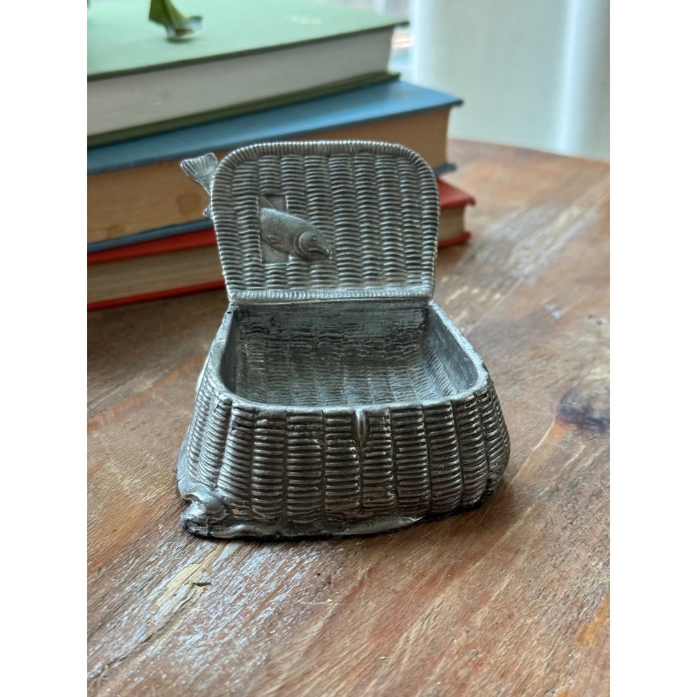 Vintage Pewter Fishing Creel Trinket Box Miniature Woven Basket Fish Jennings?